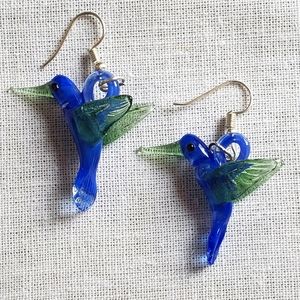 Blown glass blue hummingbird earrings
